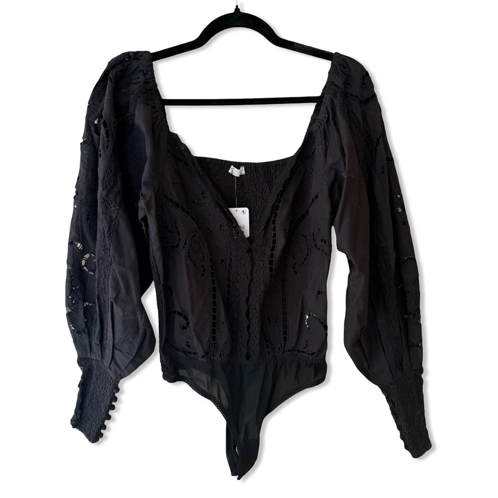 Free People Regina Black Blouse intimately bodysuit corset Victorian NWT L - Picture 6 of 8